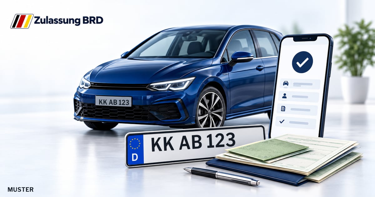 Online Fahrzeugzulassung in Grefrath: Musterkennzeichen KK AB 123, Auto und Fahrzeugpapiere und Smartphone. Illustration mit Logo von Zulassung BRD.
